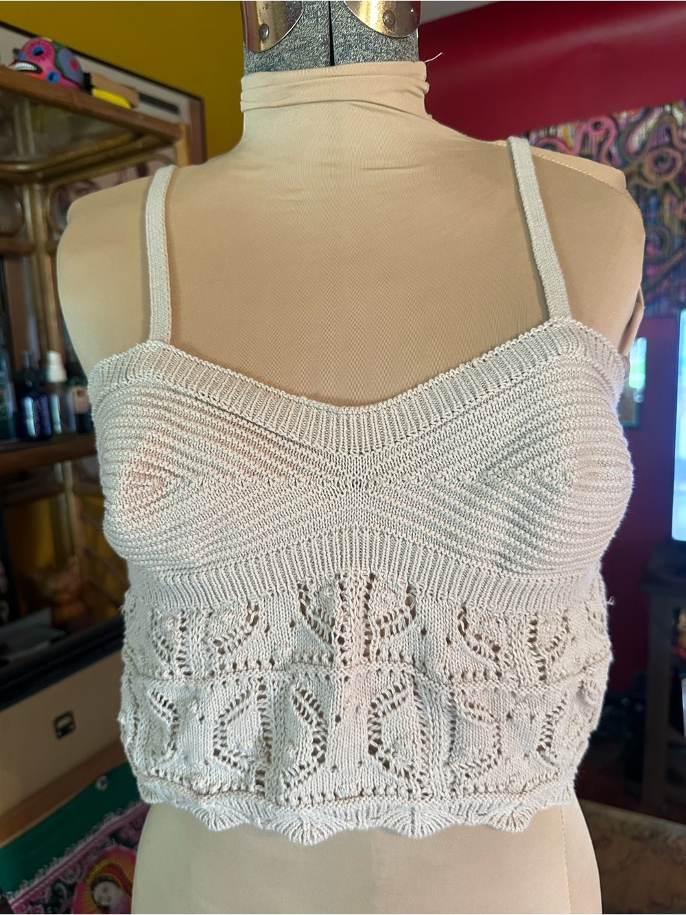 Pink Rose Cream Knit Lace-Effect Cami